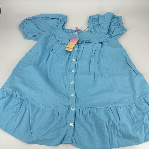 Stoney Clover Lane Womens Blue Short Sleeve Ruffle Linen Dress Med - Picture 6 of 15